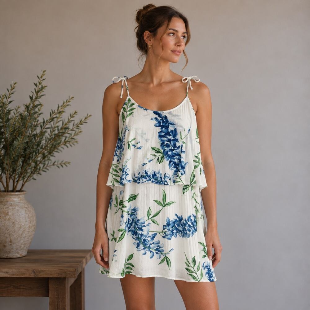 Show me you mumu White Blue Floral Ruffle Arianna Mini Dress XS